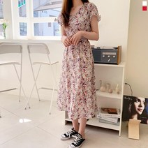 티데일리 여성용 루비앙 로즈 플라워 리본 반팔 쉬폰 롱 원피스