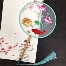 너슬부채 한국무용 전통 부채춤 여성 댄스 자수 꽃 핸드 헬드 나무 손잡이 팬 빈티지 반투명 중국 스타일 라운드 실크 술, 24 24