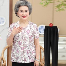 할머니셔츠 엄마여름옷99사이즈 여성잠옷 여름투피스 60대엄마생일선물 시어머니생신선물 할머니바지 7부티셔츠 냉장고바지 엄마선물 여름블라우스
