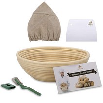 25.4cm(10인치) 빵 가공 바구니 - 바네톤 프루프 바스켓 + 천 라이너 반죽 스크레이퍼 라메 스타터 레시피 세트 전문 및 홈 베이커 장인 만들기를 위한 사워도우 [관부가세, 10 inch Round