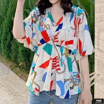 가바바 여성 빅사이즈 블라우스 빅플라워 패턴 허리쪼임 포인트 플레어 스타일 여름 블라우스 G62058