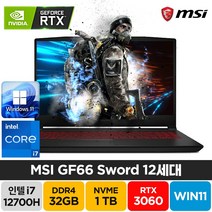MSI Sword GF66 A12UE 인텔 12세대 i7-12700H RTX3060 윈도우11 배그 주식 고성능 게이밍 노트북, GF66 Sword, WIN11 Pro, 32GB, 1TB, 코어i7, 블랙