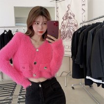 퐁순싸롱 핫핑크 양털 뽀글이 예쁜 볼레로 숏 니트 가디건 YJ