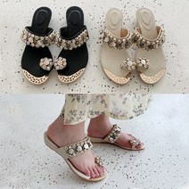 에디스아미 비즈 보석 웨지 조리 샌들 4cm 뮬 큐빅 슬리퍼 엄지 쪼리