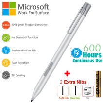 정전식 터치펜Microsoft Surface Pro 8/X/7/6 노트북 4096 압력 터치 스크린 펜 용 스타일러스 펜 HP Envy, 한개옵션1, 01 Silver with 2 nibs