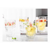 빈티지 플라워 유리 컵 4p 세트 335ml, 2개, 노란 꽃