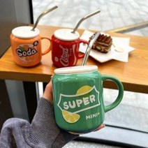 코카콜라 빈티지 세라믹컵 코카콜라굿즈 캔모양, 오렌지세라믹컵유리빨대