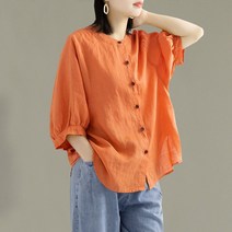 여름 빅사이즈 린넨 셔츠 여름 면 린넨 셔츠 여성용 랜턴 소매 레트로 문학 린넨 면화 탑 오버핏 중간 소매 대형 셔츠 슬림