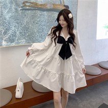 안나리야 루즈핏 브이넥 왕리본 A라인 캉캉 면 미니 원피스 SY