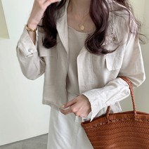 여성 시원한 린넨 캐쥬얼 야상 크롭 봄 여름 노카라 숏 자켓 아우터
