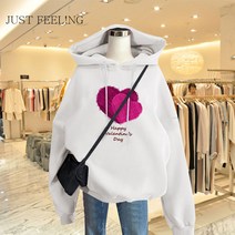 JUST FEEL!NG 블랙 하트 후드 하프 맨투맨 봄가을 얇은 올가을 기모 루즈핏 여성 맨투맨