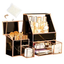 메이크업 주최자 대용량 3 점 럭셔리 빈티지 블랙 골드 강화 유리 시리즈 화장품 수납 디스플레이 케이스 카운터 탑 브러쉬 립스틱 보석 수납 상자 무료 진주