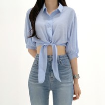 티데일리 셔링 거즈 매듭 크롭 셔츠 여성용 반팔 남방