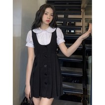 여자 멜빵 치마 원피스 아웃 오브 튠 걸 인형 컬러 퍼프 슬리브 셔츠 + 앞뒤 투 웨어 허리 스트랩 플리츠 끈나시 원피스
