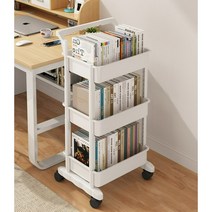 이동식 책장 선반 바퀴달린 트롤리 스낵 잡화 책 독서 보관 책상옆 카트 수납 보관, 4단 이중팔걸이- 화이트