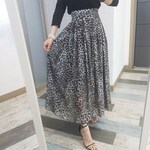 탑샤인 레오 쉬폰스커트 롱치마 레오파드패턴 호피무늬치마 주름치마 S~3XL 빅사이즈여성의류 플러스사이즈 롱(발목길이)스커트