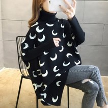 시밀러룩 커플 웨딩촬영커플룩 문 패턴 colorblock 스웨터 femal 박쥐 소매 높은 칼라 느슨한 대형 사이드 슬릿 중간 길이 풀오버 점퍼 여성 봄