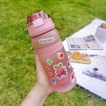 【휴대용 물병】샌드위치 운동 플라스틱 물컵 빨대컵 어른 여 고안치 망홍 여름 휴대용 귀여운 컵, 핑크 700Ml_단일 컵 (스티커)
