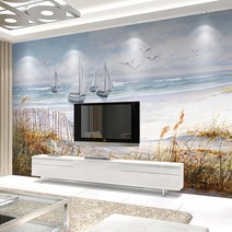 방음부스 가정용방음부스사용자 정의 벽화 손으로 그린 요트 갈매기 바다 풍경 유화 3D 거실 소파 TV 배경