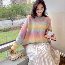 알리팡(Alipang)여성 겨울 루즈핏 오버핏 무지개컬러 멀티컬러 니트 스웨터 풀오버 라운드넥 유니크 파스텔톤