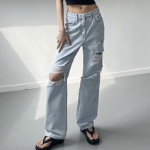 모노치코 와이드 핏 워싱 디스트로이드 연청 데님팬츠