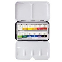 문교 정품 Mungyo 전문가용 하프 팬 사이즈 수채화 세트 틴 케이스/뚜껑에 일체형 믹싱 팔레트 (24가지 색상) 253915, 12 Colors