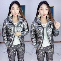 Tagi. 겨울 여자 후드 다운패딩점퍼 면바지 투피스 세트