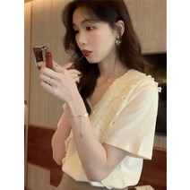 볼륨 반목 카라 린넨 시폰 플라워 기본 뒷리본 반팔 블라우스 루즈핏 7부