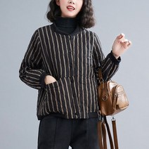 퀼팅자켓 패딩 캐주얼재킷 스트라이프 인쇄 퀼트 재킷 여성 면과 린넨 짧은 코트 복고풍