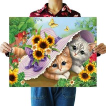 FASEN 캔버스액자 일체형 3D 원형 보석십자수 DIY 키트 50 x 40 cm, ZSP014.고양이