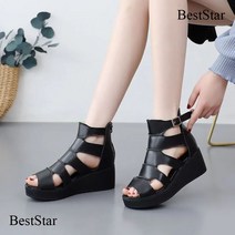 BestStar 천연소가죽 스트랩 오픈토 봄 여름 부츠 앵클 통굽 샌들