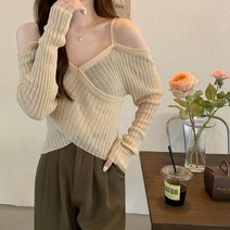 오프숄더니트 여성스웨터 기질 넥 디자인 크로스 멜빵 의