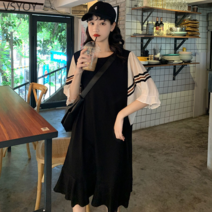 vsyoy vsyoy 2022 년 여름 플러스 지방 대형 출산 드레스 느슨한 슬림 드레스 여름 드레스 외국 스타일 스티칭 긴 스커트 조수