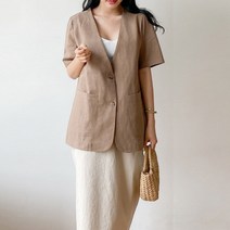 봄 여름 40대 미시 여성 기본 정장 오피스룩 노카라 브이넥 하프 린넨 반팔 자켓