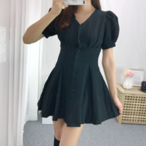 허니시스터 모리나 무지 와플 단추 셔링 브이넥 미니 원피스(2col)