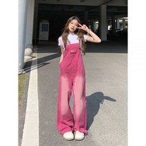 여자 슈트 투 점프수트 반티 라즈베리 핑크 와이드 레그 데님 오버롤 수트 여름 디자인 센스 니치 원 팬츠