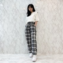 VANANA2 타탄 체크패턴 밴딩 와이드팬츠 통바지