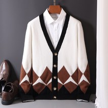 율이콩 남성 캐시미어 브이넥 니트카디건 가을겨울 캐주얼 패션 루즈핏 배색 스웨터 코트