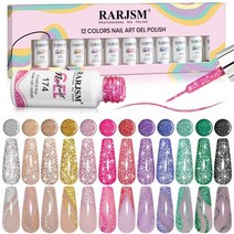 RARJSM 반사형 글리터 네일 아트 젤 라이너 플래시 다이아몬드 도장 매니큐어 12색 5ml 스파클 실버 브라운 핫 핑크 그린 블랙 피그먼트 UV LED 소크오프 경화가 디자인필, 12pcs Reflective Glitter Set