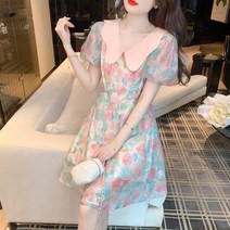 여름 여성 러블리한 A라인 기본핏 미니 반팔 브이넥 플라워 쉬폰원피스 여신룩 빅사이즈 77