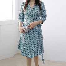 다이뻐 자체제작 국산 스판 신축성좋은 랩스타일 그린 기하학 지그재그 a라인 연예인 미디 랩원피스