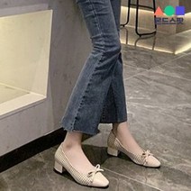 몬드스팟 4cm 여성 체크 리본 배색 미들힐 펌프스 구두 (DM535)
