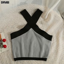 DFMEI 여름 배색 크로스 목 숏 니트 나시 여 오프숄더 양기 작은 나시