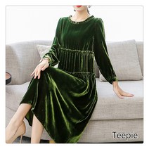 티피/Teepie봄가을 여성 빅 사이즈 마린룩 프리미엄 엄마 긴팔 골드 벨벳 원피스