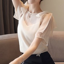 알리팡(Alipang) 여성리본블라우스 어깨리본 씨스루블라우스 와이드라운드넥블라우스