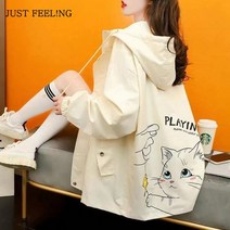 JUSTFEELING 여자 작업복 여성코트 후드 캐주얼 자켓 패션 후드집업 캐릭터 프린팅 츄리닝 스포츠의류 코트