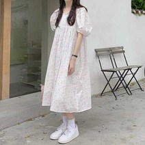 저스트메리드 라이트 핑크 꽃무늬 플라워프린트 루즈핏 볼륨 소매 롱 원피스 C18