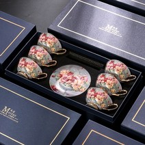 명품커피잔 빈티지 찻잔 세트 홍차잔 도자기 수입 라떼잔 영국 예쁜 세라믹 집들이선물, 클래식 로즈 - 6 컵 받침 및 스푼 - 축하 카