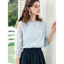 7부 쉬폰 블라우스 칠부 티셔츠 여성 프렌치 여름 라운드넥 메쉬 플라워 레이스