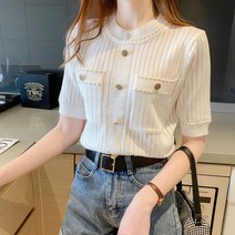 코카마니 여성 라운드넥 스티치 단추 예쁜 차분한 반팔 펀칭 니트